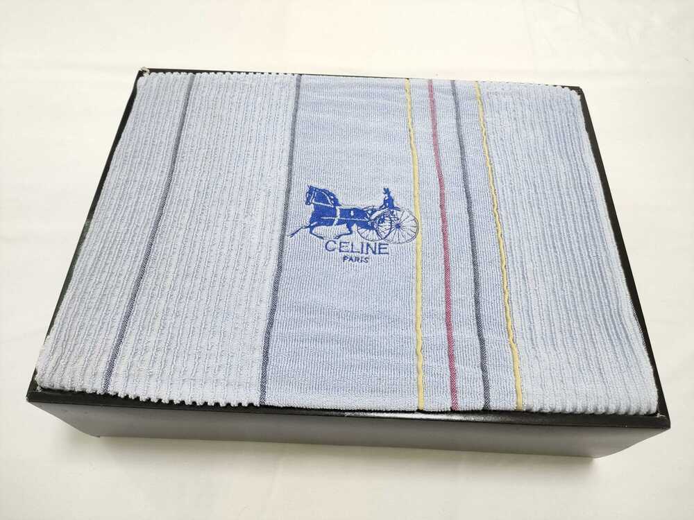 Vintage Celine Paris Blue Horse Carriage Stripe Towel Blanket